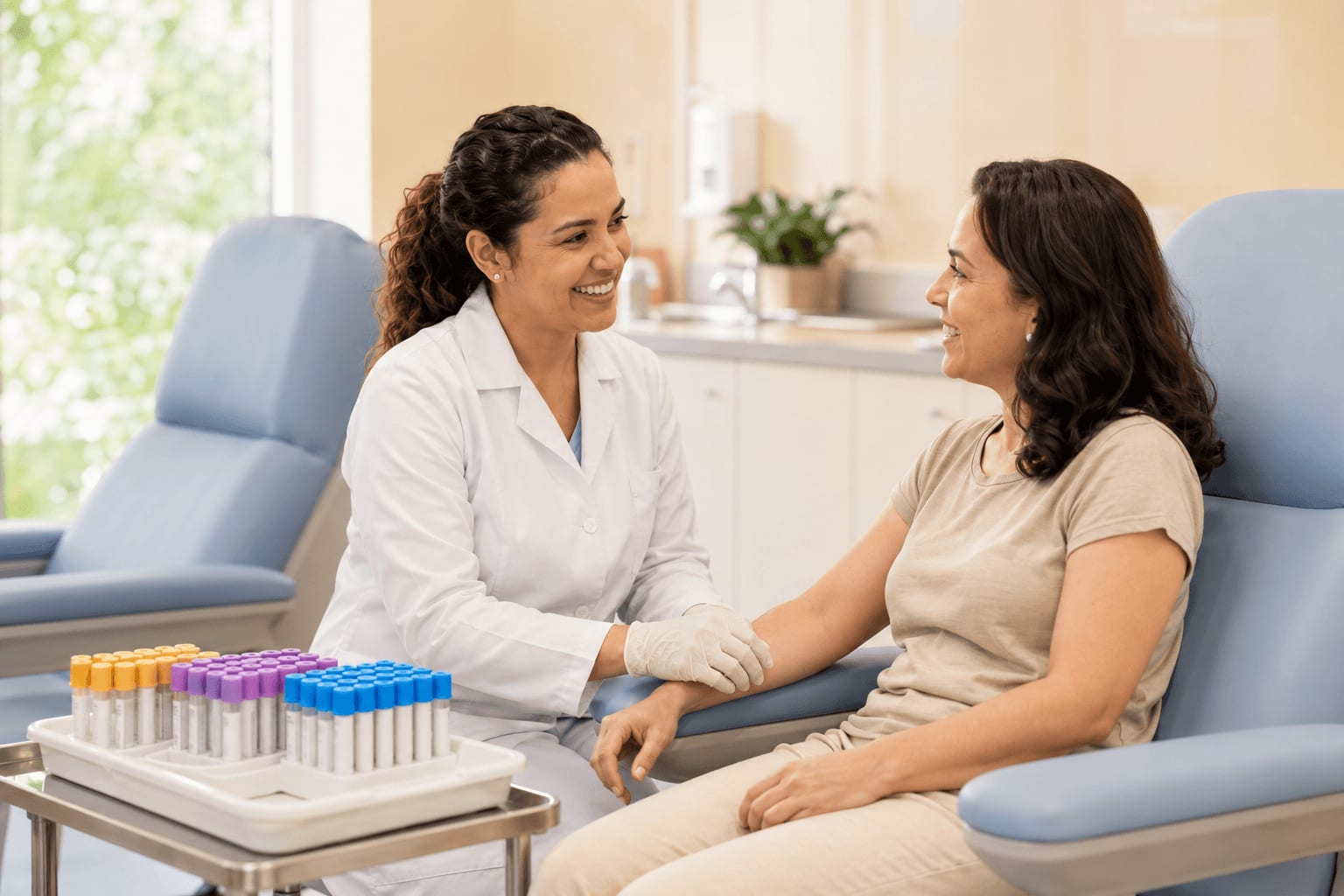 Técnica de laboratório sorridente conversando com paciente antes da coleta de exames