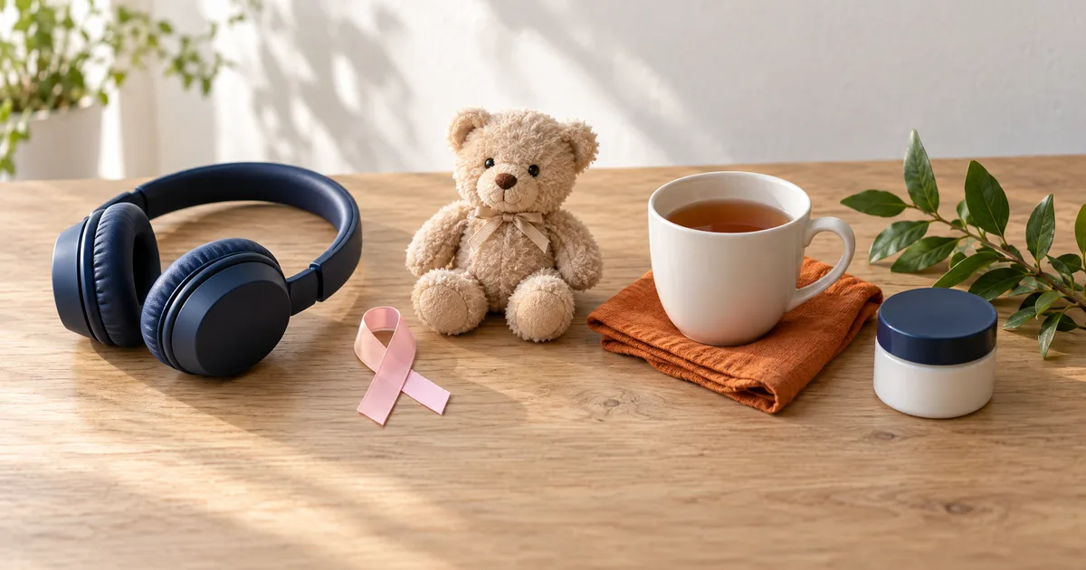 Mesa com fone de ouvido, laço rosa, ursinho de pelúcia, xícara de chá e pote de hidratante, representando os temas de saúde da semana