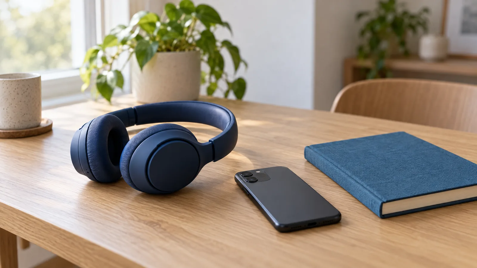 Fone de ouvido sobre a mesa ao lado de um celular virado para baixo, em luz natural