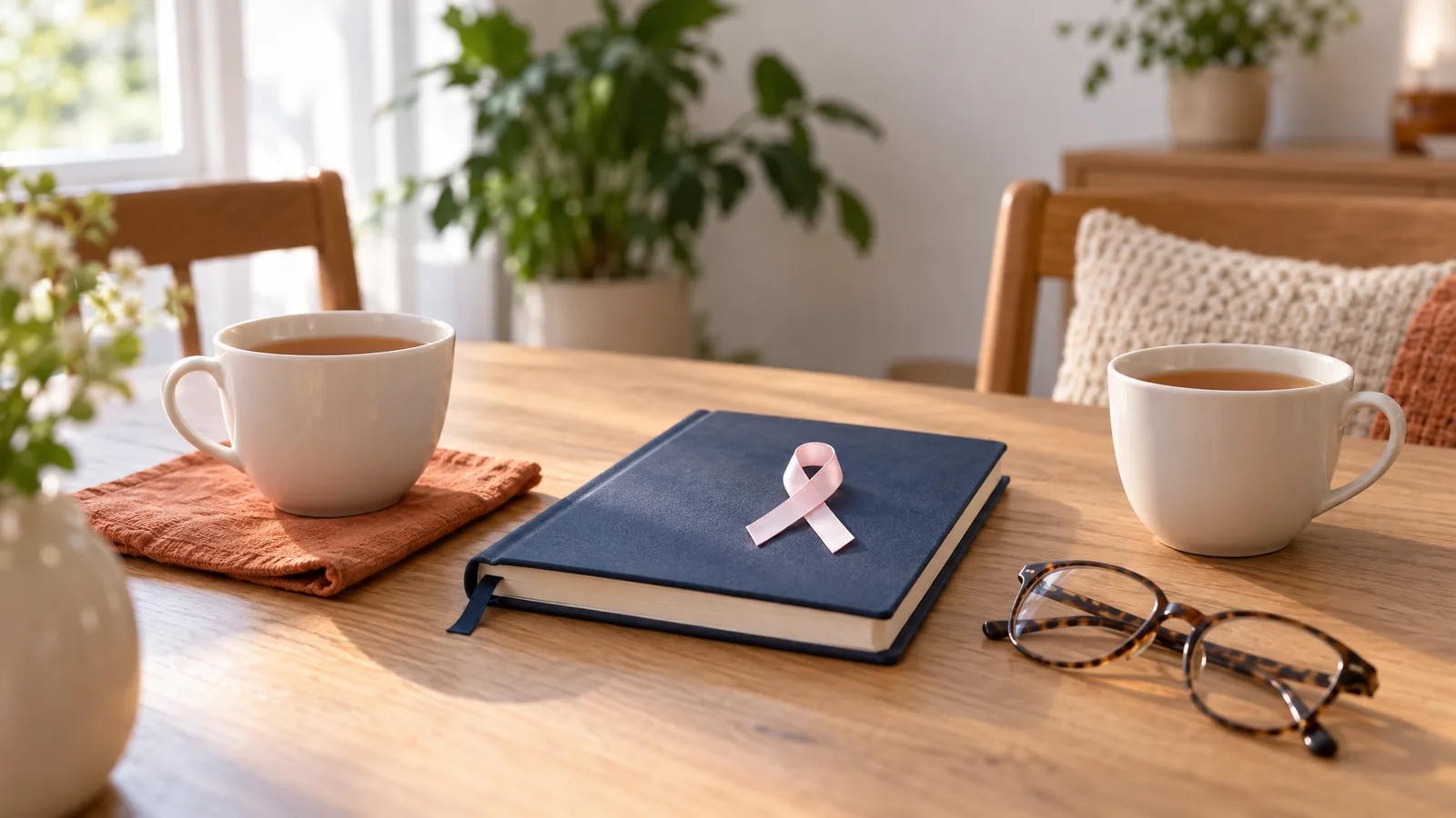Duas xícaras de chá, uma agenda e um laço rosa sobre a mesa, representando a conversa sobre mamografia no Outubro Rosa