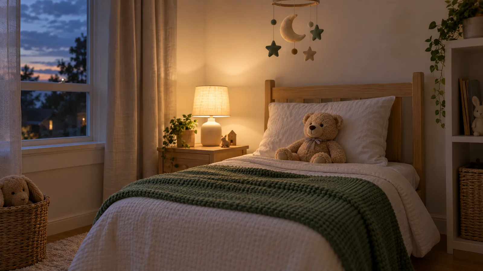 Quarto infantil com abajur aceso e ursinho sobre o travesseiro, na hora de dormir