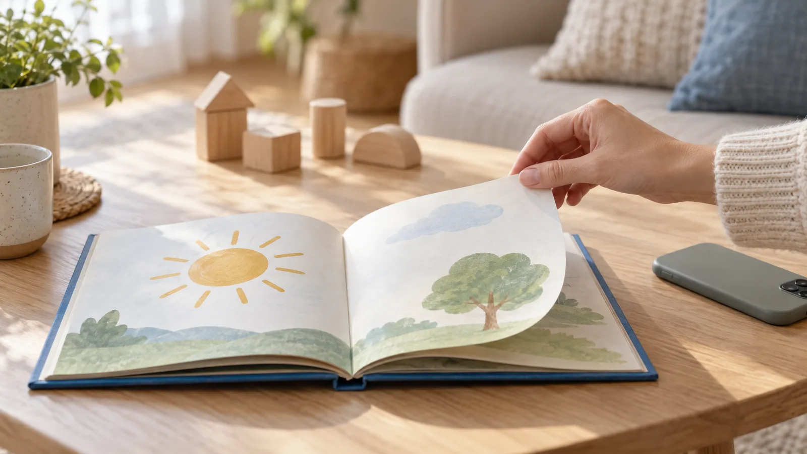 Mão adulta virando a página de um livro infantil, com o celular virado para baixo ao lado