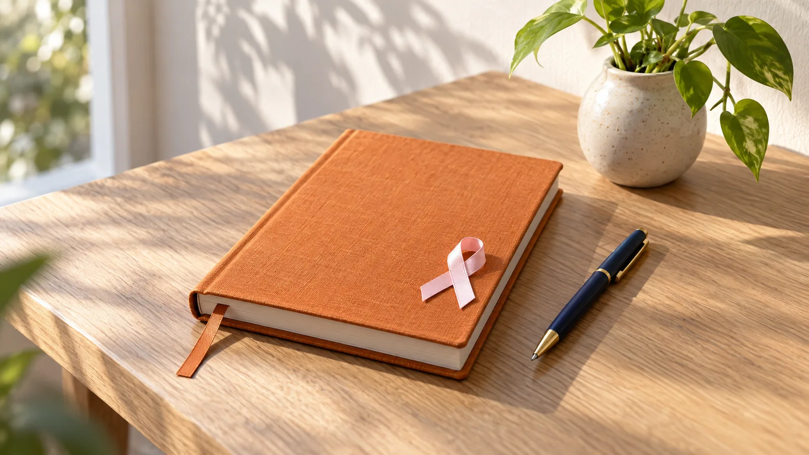 Agenda laranja fechada com um laço rosa sobre a capa, lembrando de deixar o preventivo em dia no Outubro Rosa